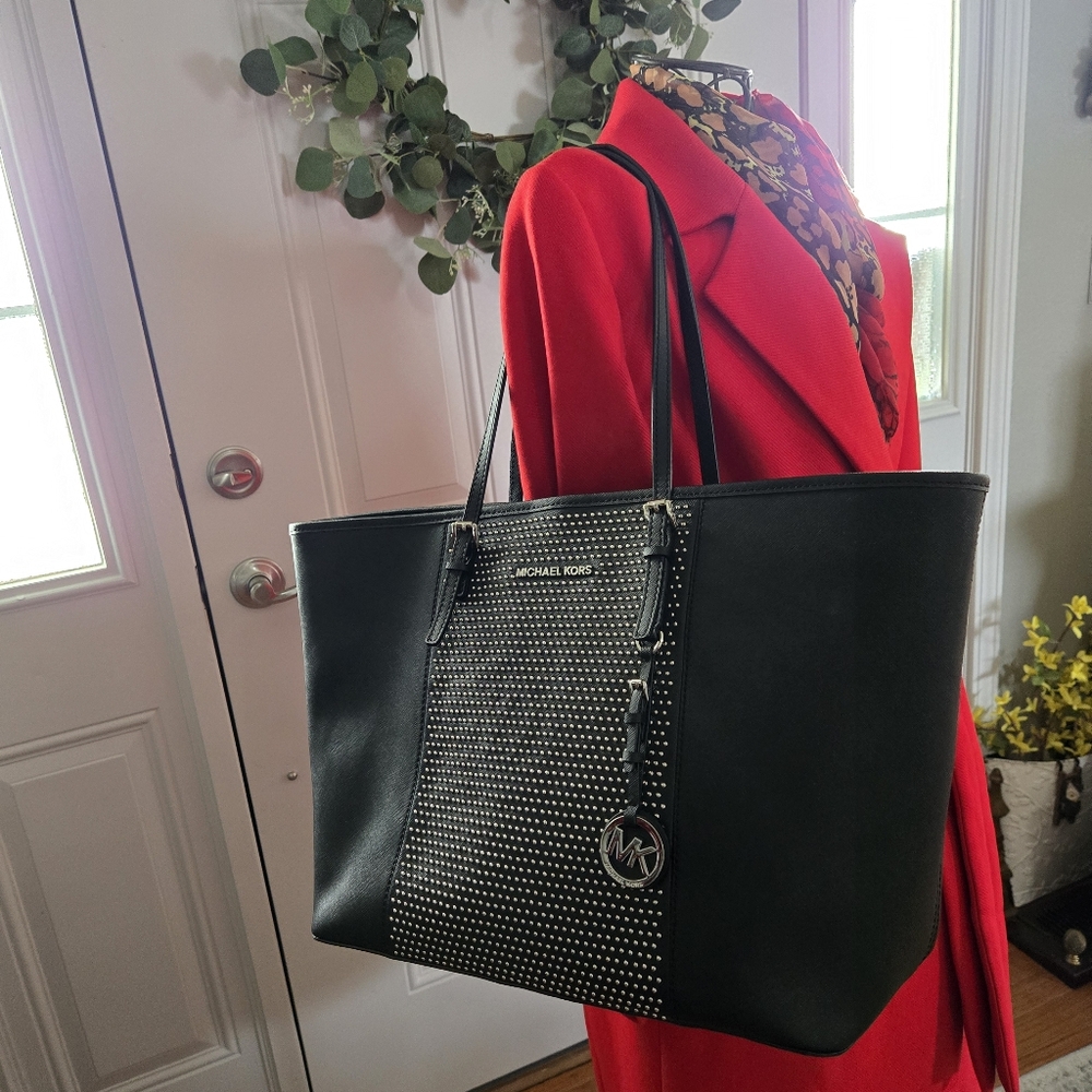 Michael Kors Microstud Center Stripe Black Saffiano Leather Travel Tote - EUC